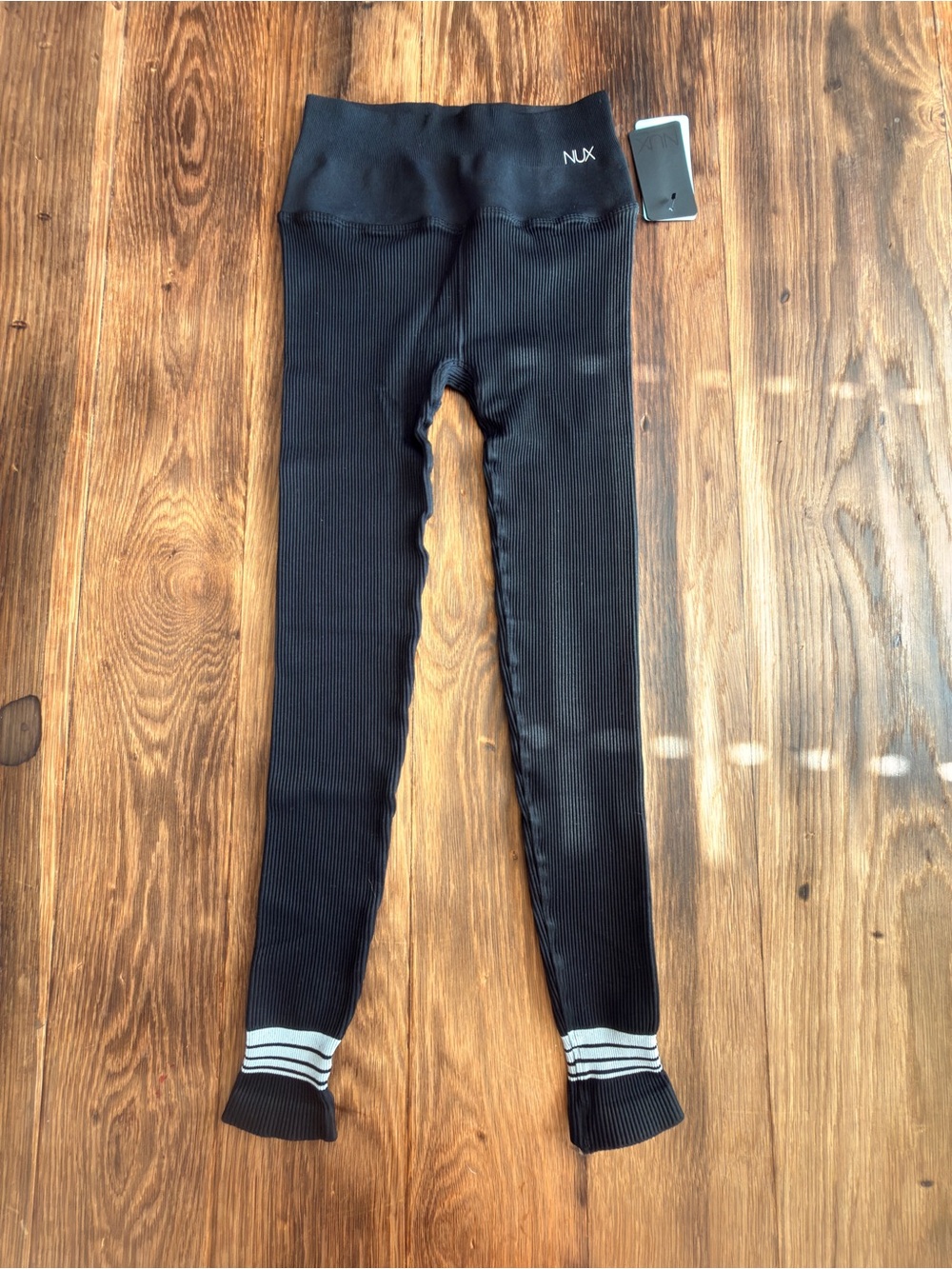 NUX Black Ribbed Leggings with White Stripe Cuffs - Picture 1 of 8